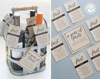 INSTANT DOWNLOAD A Year of Firsts Milestone Wine Basket - Classic Black Cursive Tags for 6 Bottle Basket - Wedding Gift, Bridal Shower Gift