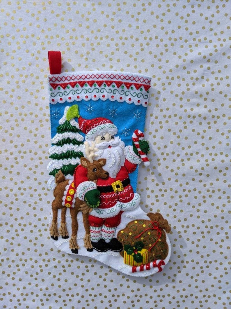 Nordic Santa Claus and Reindeer 18 Felt Christmas Stocking Hand made from Bucilla Kit