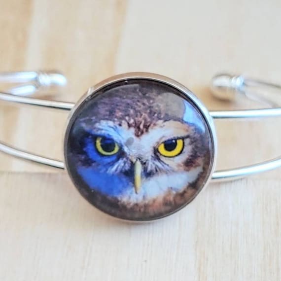 Big Eyed Owl Glass Cabachon Owl Photo Statement Bracelet