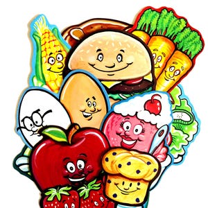 May include: A colorful collection of cartoon food illustrations featuring a smiling hamburger, a red apple, strawberries, a corn cob, carrots, an egg, a cupcake with a cherry, and a muffin, all arranged in a dense, overlapping group with bright outlines.