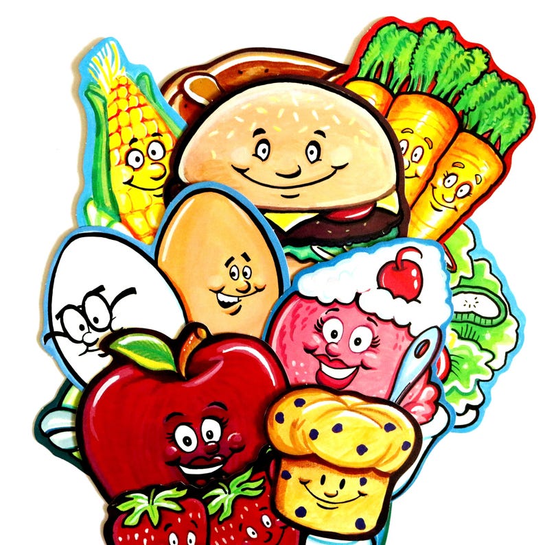May include: A colorful collection of cartoon food illustrations featuring a smiling hamburger, a red apple, strawberries, a corn cob, carrots, an egg, a cupcake with a cherry, and a muffin, all arranged in a dense, overlapping group with bright outlines.