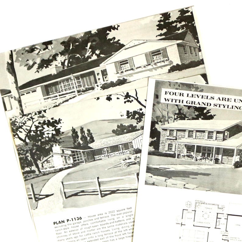 May include: A black and white printed architectural brochure featuring three illustrations of ranch-style houses with landscaping, a wooden fence, and a stone chimney. The text includes PLAN P-1136 and FOUR LEVELS ARE UN WITH GRAND STYLING.