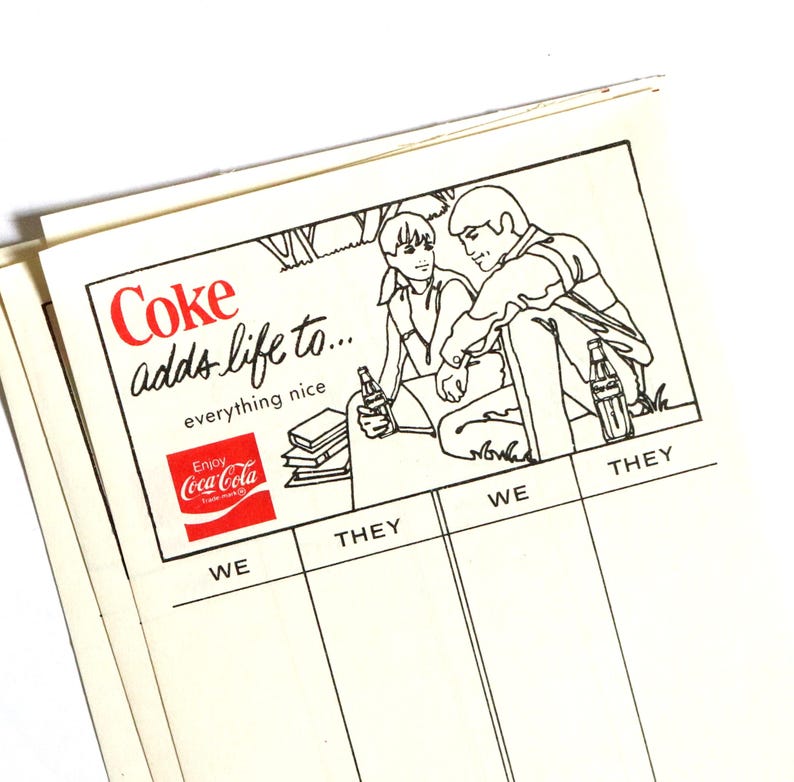 May include: A vintage paper advertisement featuring a black and white line drawing of two people sitting outdoors with Coca-Cola bottles. The text reads Coke adds life to... everything nice, with a red Enjoy Coca-Cola logo and a chart below.