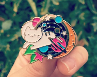 Orange planet Space Cat Enamel Pin | Cute, Animal, Pink, Blue and Gold, lapel pin, Hard Enamel