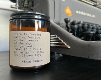 100% Beeswax Candle | Erin Hanson What If You Fly Quote Typed on Typewriter