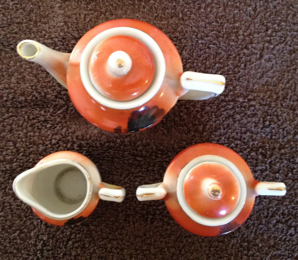 Tea Set Gold Castle Made in Japan Tea Pot Sugar Creamer Cream