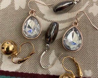 Three Pair Pierced Earrings Hooks Hoop Gold Black and Crystal
