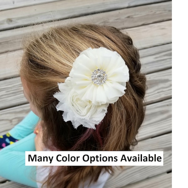 Flower Hair Clip for Wedding, Flower girl hair accessory, bride bridal hair, Toddler hair, white ivory hair pin, Rhinestone hair barrette