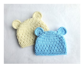 EASY pattern crochet bear hat, 10 Sizes preemie to adult, kid size, baby beanie, boy or girl hat, newborn baby gift, simple crochet pattern