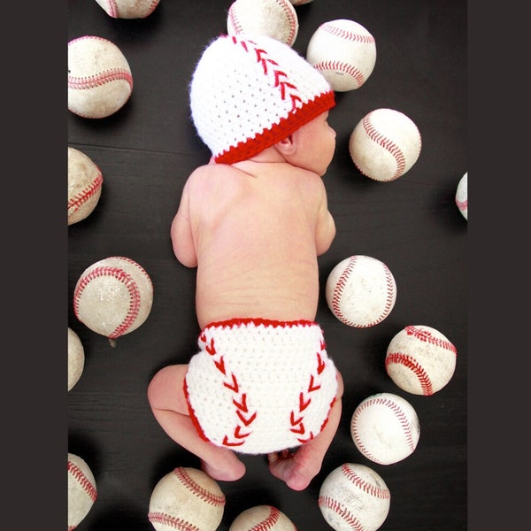 In Stock - Baseball baby hat and diaper cover, baby gift, crochet baseball beanie, baby boy gift, newborn photo prop, baby shower gift