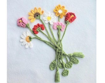4 Flower bookmark patterns, easy crochet patterns, lily sun flower, daisy flower, Mothers day gift, heart book mark gift.  Simple pattern.