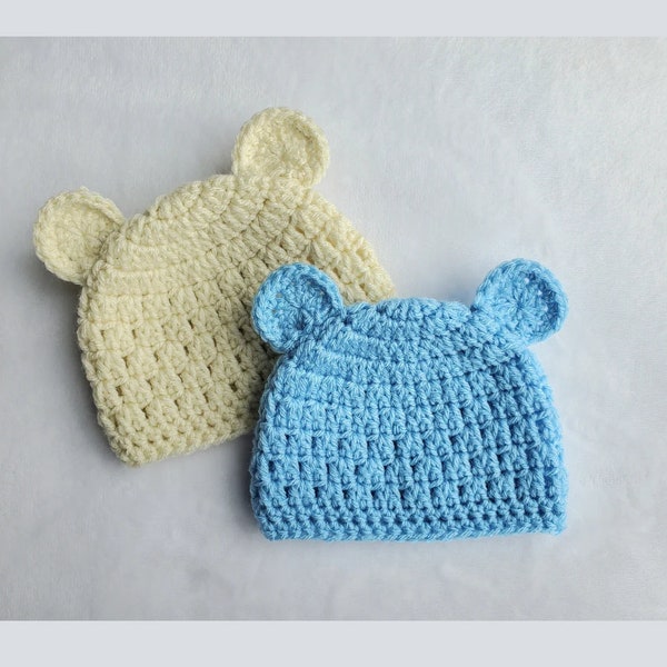 EASY pattern crochet bear hat, 10 Sizes preemie to adult, kid size, baby beanie, boy or girl hat, newborn baby gift, simple crochet pattern