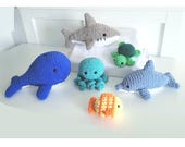 6 in 1 Crochet Ocean Animal patterns, plushie shark whale dolphin Octo Turtle Fish, beginner easy simple bundle, gift stuffed Amigurumi