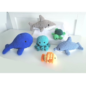 6 in 1 Crochet Ocean Animal patterns, plushie shark whale dolphin Octo Turtle Fish, beginner easy simple bundle, gift stuffed Amigurumi