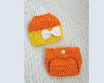 EASY crochet pattern candy corn hat with diaper cover, simple pattern for preemie to child, bow pattern, baby gift, baby Halloween costume