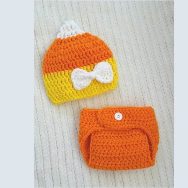 EASY crochet pattern candy corn hat with diaper cover, simple pattern for preemie to child, bow pattern, baby gift, baby Halloween costume