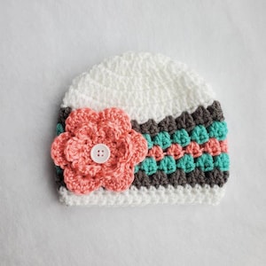 In Stock - crochet baby hat, baby gift for girls, hats for girls, crochet hat, baby girl hat, baby girl gift, newborn size, hat with flower