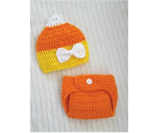 EASY crochet pattern candy corn hat with diaper cover, simple pattern for preemie to child, bow pattern, baby gift, baby Halloween costume