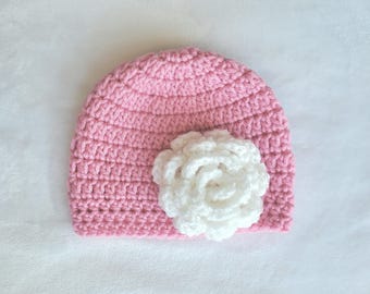 EASY crochet pattern hat with rose, simple pattern for preemie to adult, rose flower pattern, boy or girl hat, baby girl gift, easy crochet