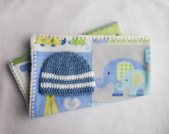 In Stock - Baby gift set, baby gift for boy, animal elephants, baby gift, baby blanket, gray elephant blue, baby boy gift, crochet fleece