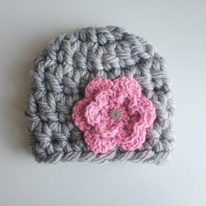 In Stock- Baby girl gift, crochet baby girl hat, pink flower baby hat, baby girl beanie, baby girl hat, baby gift on sale, baby shower