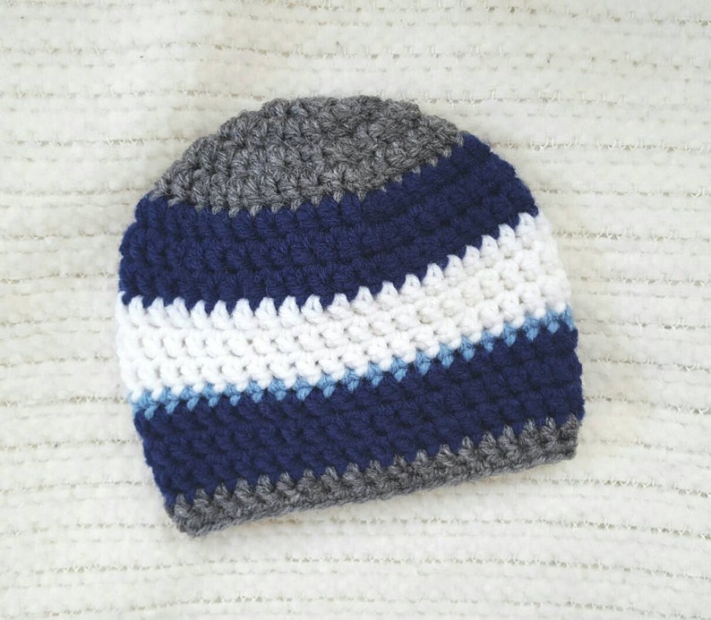 newborn photo prop gray light blue navy blue striped baby hat Crochet baby hat baby boy beanie baby boy gift baby hats for boys