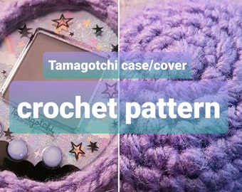 May include: Purple crocheted case for a Tamagotchi, with the text "Tamagotchi case/cover crochet pattern" on the case.
