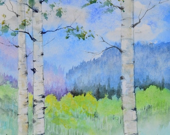 Arte de Colorado, pintura a la acuarela, álamos temblones, arte de Terri Robertson