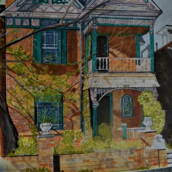 Original architectural rendering, fine art, turn of the century homes. Denver, brick house, Terri Robertson, colored pencil, rust and teal