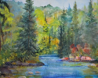 Original art, watercolor painting original, ponderosa pines, Flaming Gorge, Green River, Utah 14"x21", Terri Robertson fine art paintings