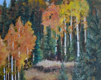 Resplandor del bosque, pintura al óleo original de otoño, follaje vibrante, fondo texturizado, contraste de hoja perenne