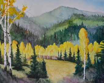 Original large watercolor painting, 22x30", Colorado wilderness, autumn aspen, fine art painting, Terri Robertson, fall landscape, spruce