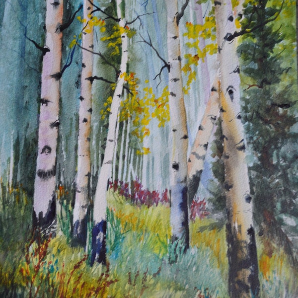 Colorado autumn aspen trees, watercolor painting original, fine art, fall painting, spruce trees, aspen trees, original art, Terri Robertson