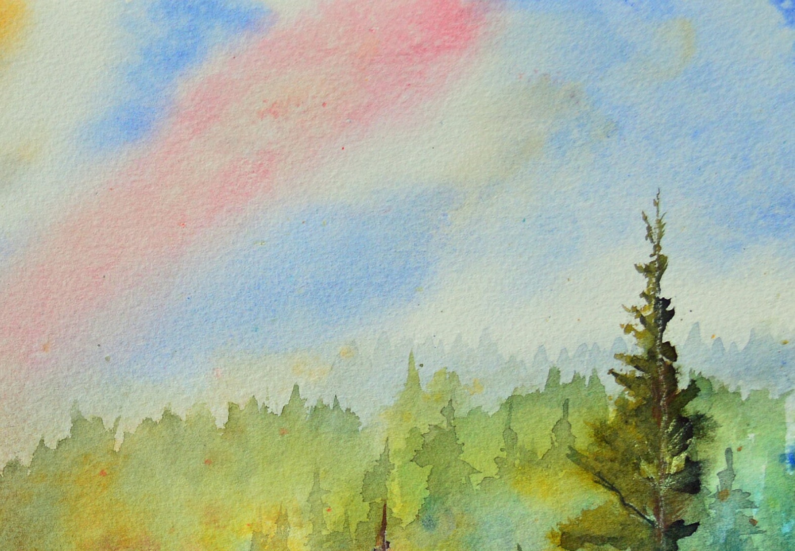 Watercolor Painting Original Pine Tree Sunrise Forest | Etsy