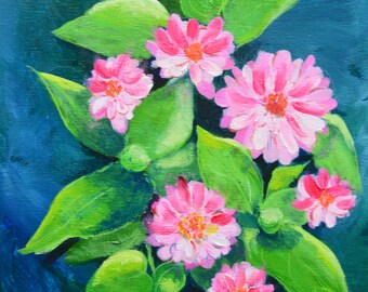 Original oil painting of pink zinnias. Fine art painting, floral decor. Terri Robertson Art, flower paintings, summer flowers, cottage decor