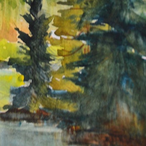 The spruce trees on the point and the middle ground are a rich blue green. 

This painting is signed in the lower corner by the artist, Terri Robertson.
