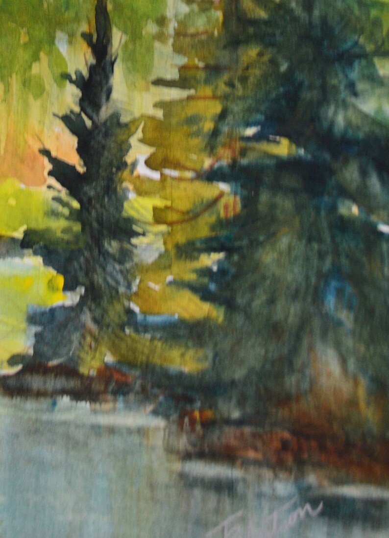 The spruce trees on the point and the middle ground are a rich blue green. 

This painting is signed in the lower corner by the artist, Terri Robertson.