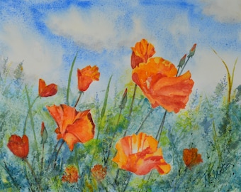 Pintura a la acuarela, amapolas, arte floral, acuarela botánica, Terri Robertson