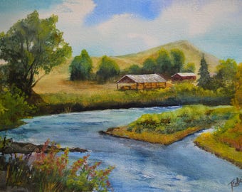 Granero de heno del río Yampa: acuarela original, Colorado Fine Art
