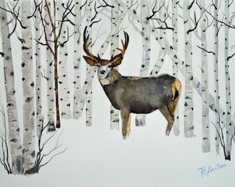 Pintura en acuarela de un ciervo mulo: Arte de la fauna del bosque de álamos (12x9)