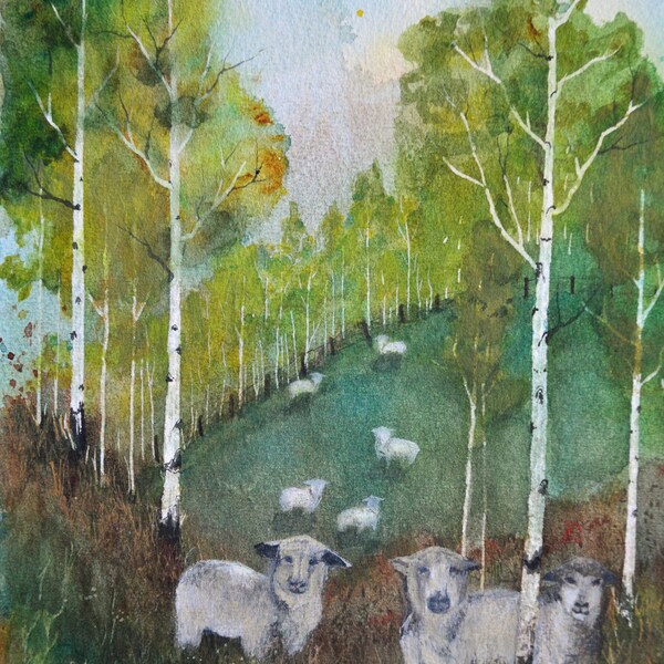 watercolor painting original, grazing sheep, Colorado mountains, aspen trees, summer range, out to pasture, fat lambs, sheep ranching
