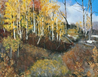 May include: A painting of a forest scene with tall, slender trees with white bark and yellow leaves. The trees are in the foreground of the painting, and the background is a blue sky with white clouds. The ground is covered in brown and yellow leaves.