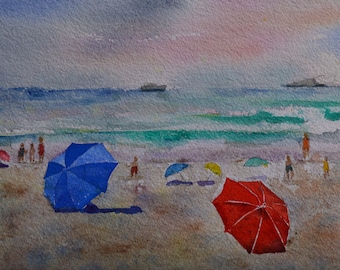 Watercolor painting original vintage beach scene. Ocean landscape. Pacific coast art 1935 Hermosa Beach, California, umbrella, cabana,15x7.5