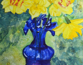 Still Life Floral watercolor painting original. Floral décor. Daffodils in a cobalt vase wall art. fine art floral watercolor, flower art