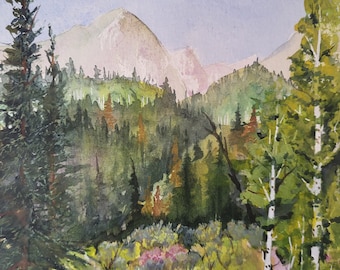 Acuarela original: Pradera de montaña de Colorado, cuadro enmarcado (14x18 pulgadas).