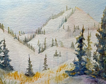 Watercolor painting, original fine art, Colorado high country, outdoor life, mountain snow scene, forest art, pine mountain trees, spruce