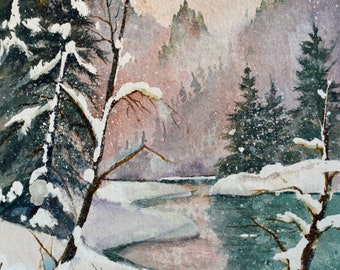 Winter river, watercolor painting original, back country snow scenes, Colorado mountains, forest, frozen river, 7"x10", Terri Robertson, art