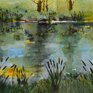 Cattail watercolor painting original, fine art, Colorado, Terri Robertson, water art, Yampa river inlet,  plein air, unframed, mat included