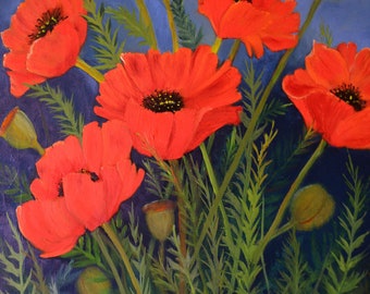 Oriental poppy floral oil painting original, fine art poppy painting, orange wall art, flower painting, Terri Robertson art, 18" x 24"