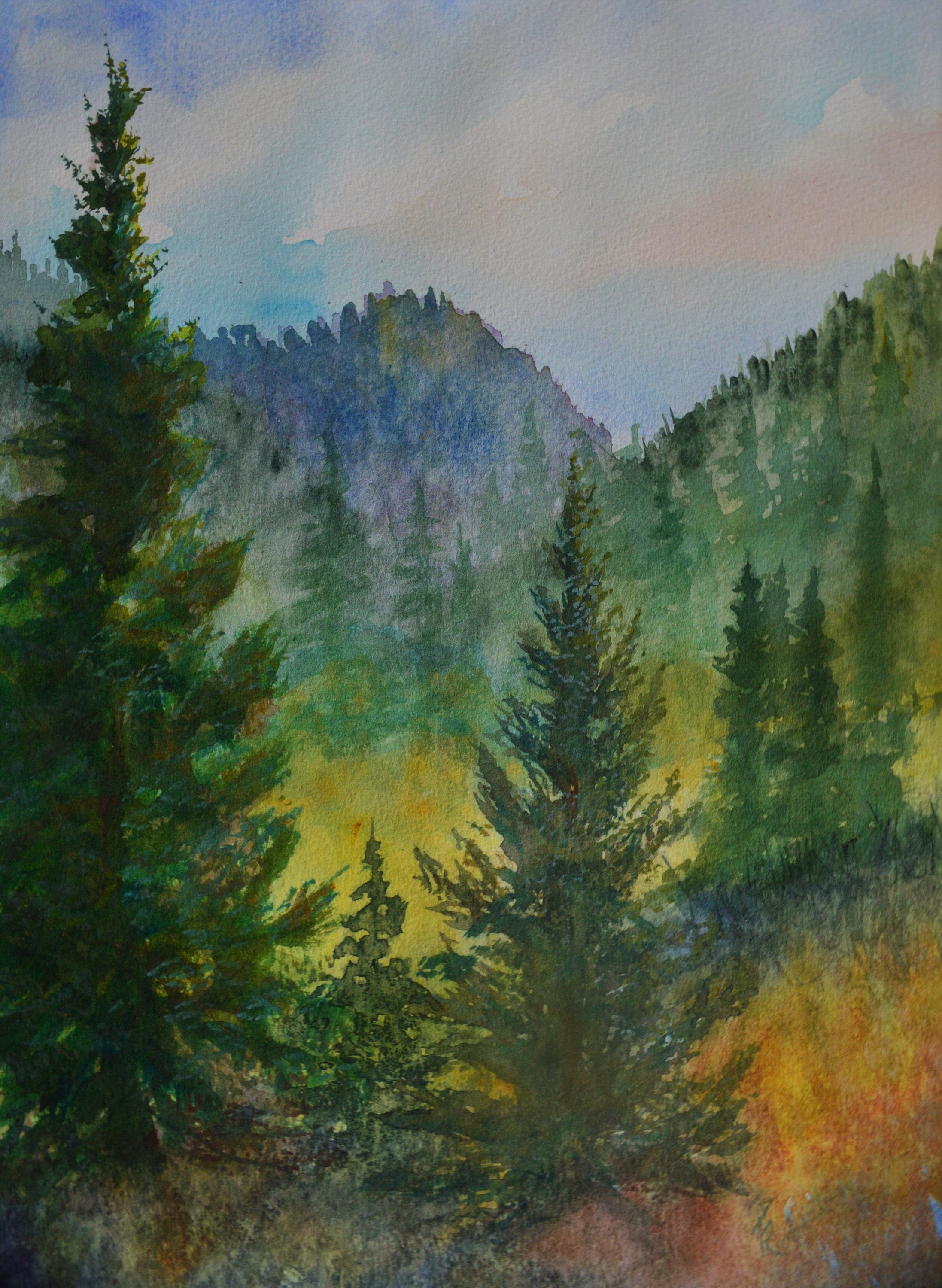 Watercolor Painting Original Pine Tree Sunrise Forest pic